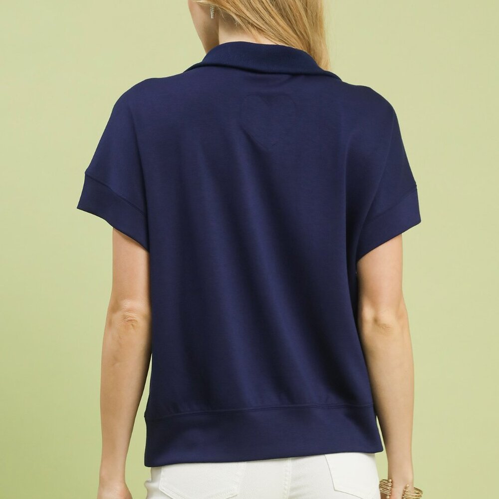 Striped Collared Neck Half-Zip Top - Navy - Picture 2 of 4